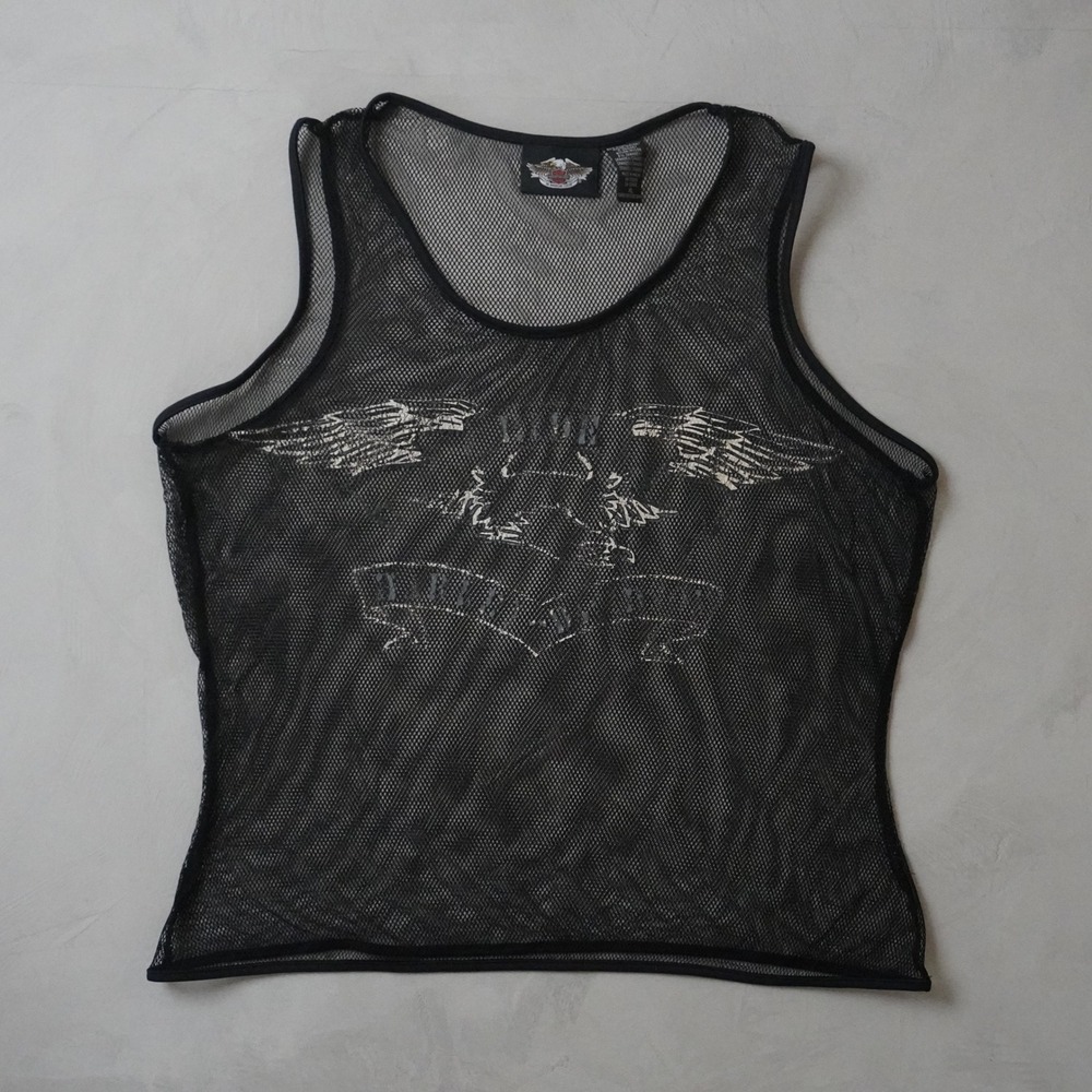 Vintage Faded Harley Davidson Mesh Tank Top XL Womens Black Eagle Graphic Y2K